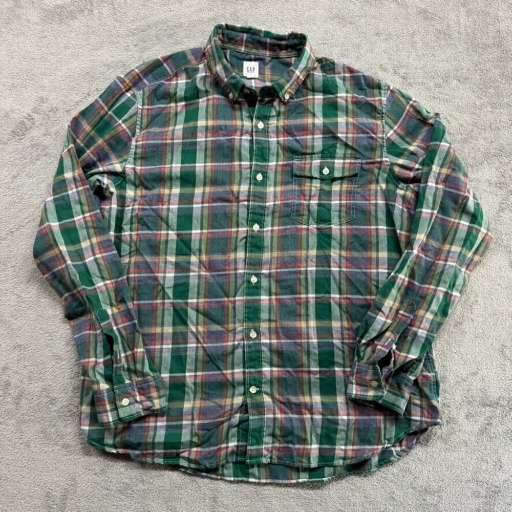 Gap Flannel Plaid Shirt Mens Extra Large Green‎ Long Sleeve XL Casual Work